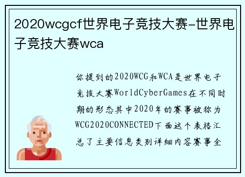 2020wcgcf世界电子竞技大赛-世界电子竞技大赛wca